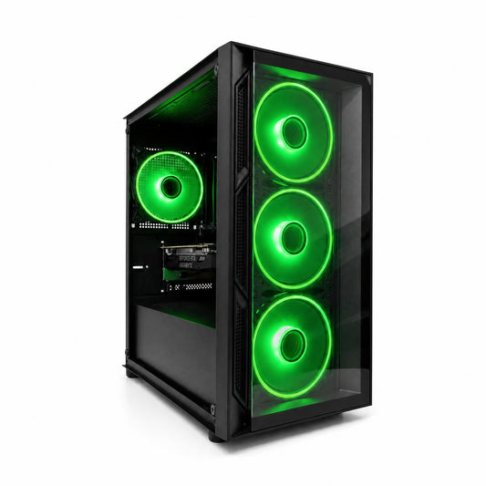 Computer case with green LED lights on a white background