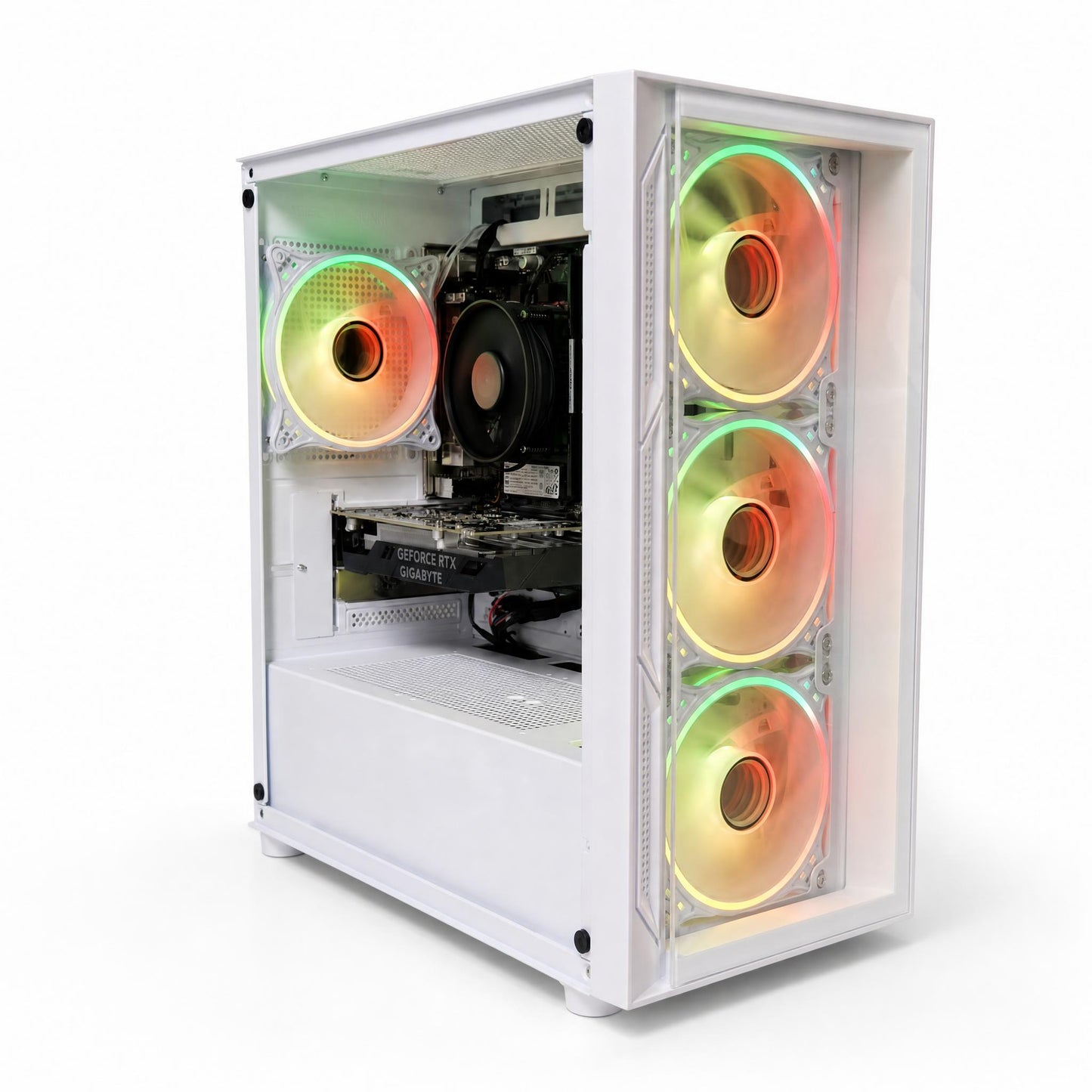 Computer case with RGB lighting on a white background
