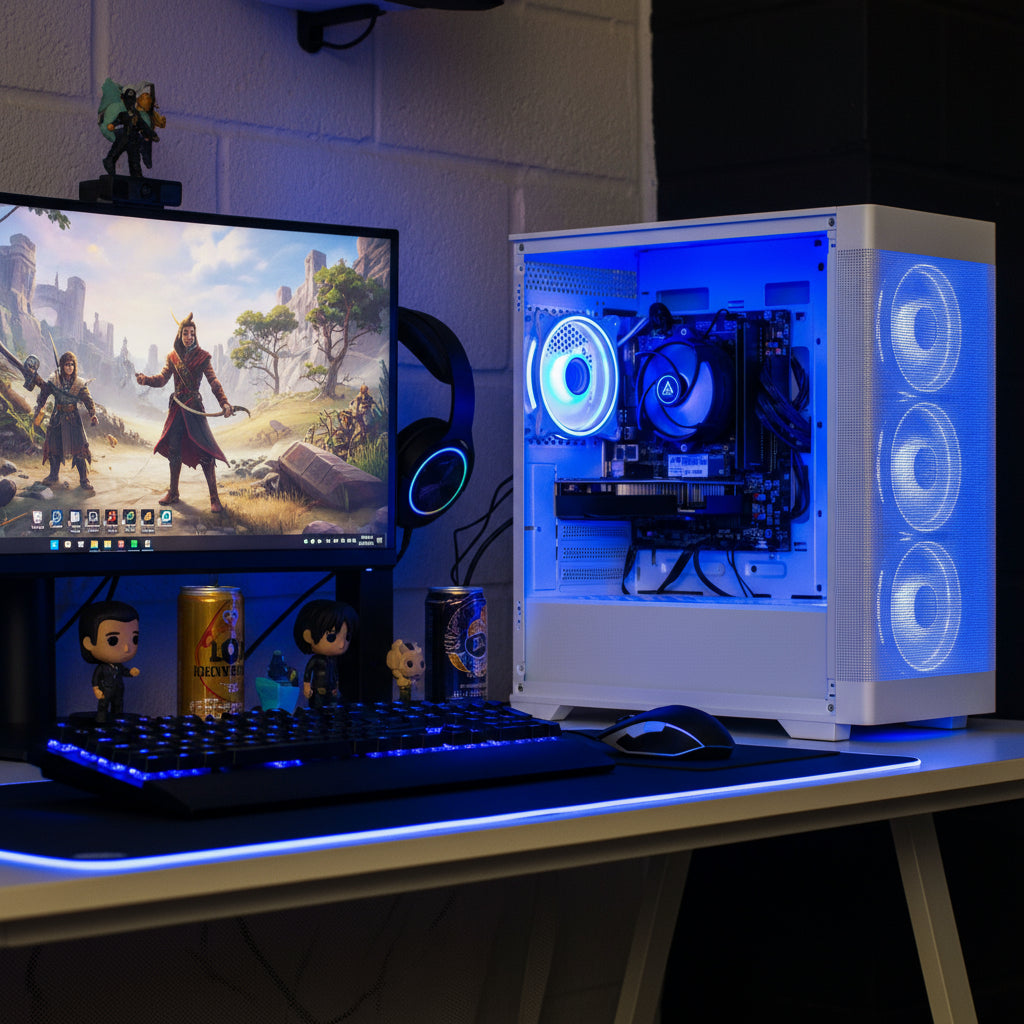 Computer case with RGB lighting on a desk against a brick wall.