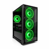 Computer case with green LED lights on a white background