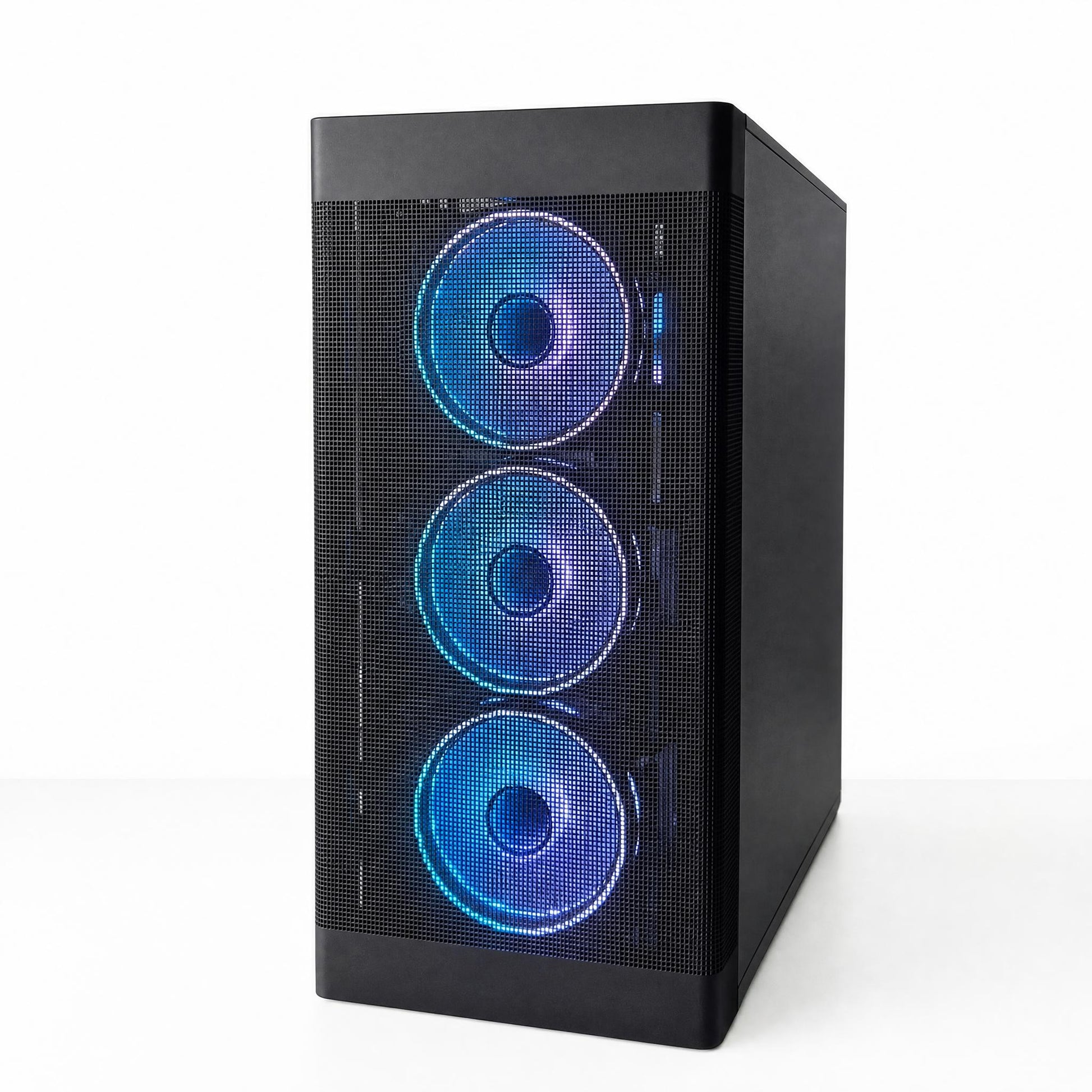 Black computer case with blue LED fans on a white background