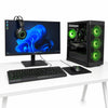 Computer setup with monitor, keyboard, mouse, and gaming headset on a white table.