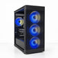 Computer case with three illuminated fans on a white background