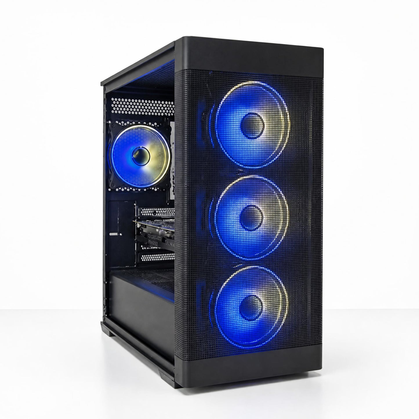 Computer case with three illuminated fans on a white background
