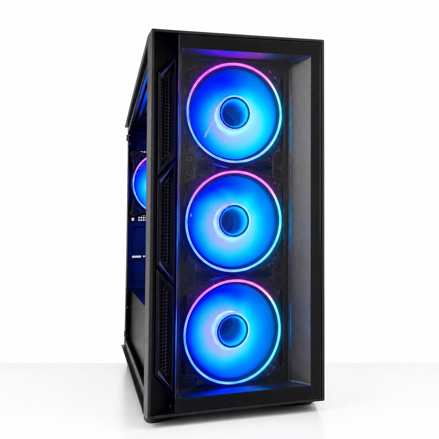 Computer case with RGB lighting on a white background