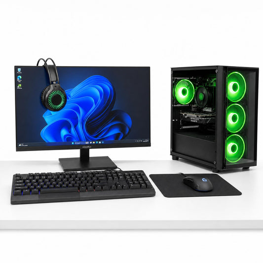 Computer setup with monitor, keyboard, mouse, and gaming PC on a white background