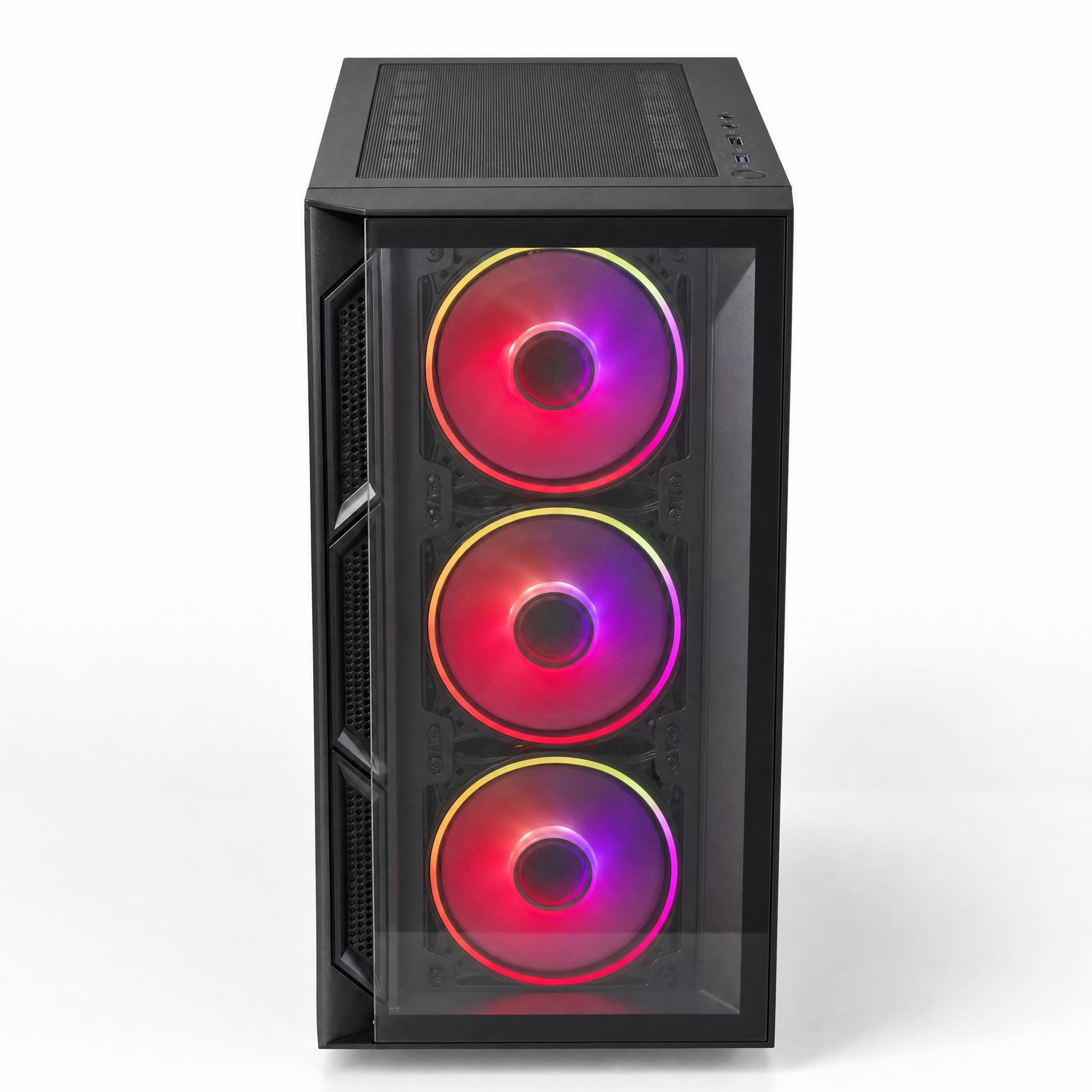 Computer case with RGB lighting on a white background