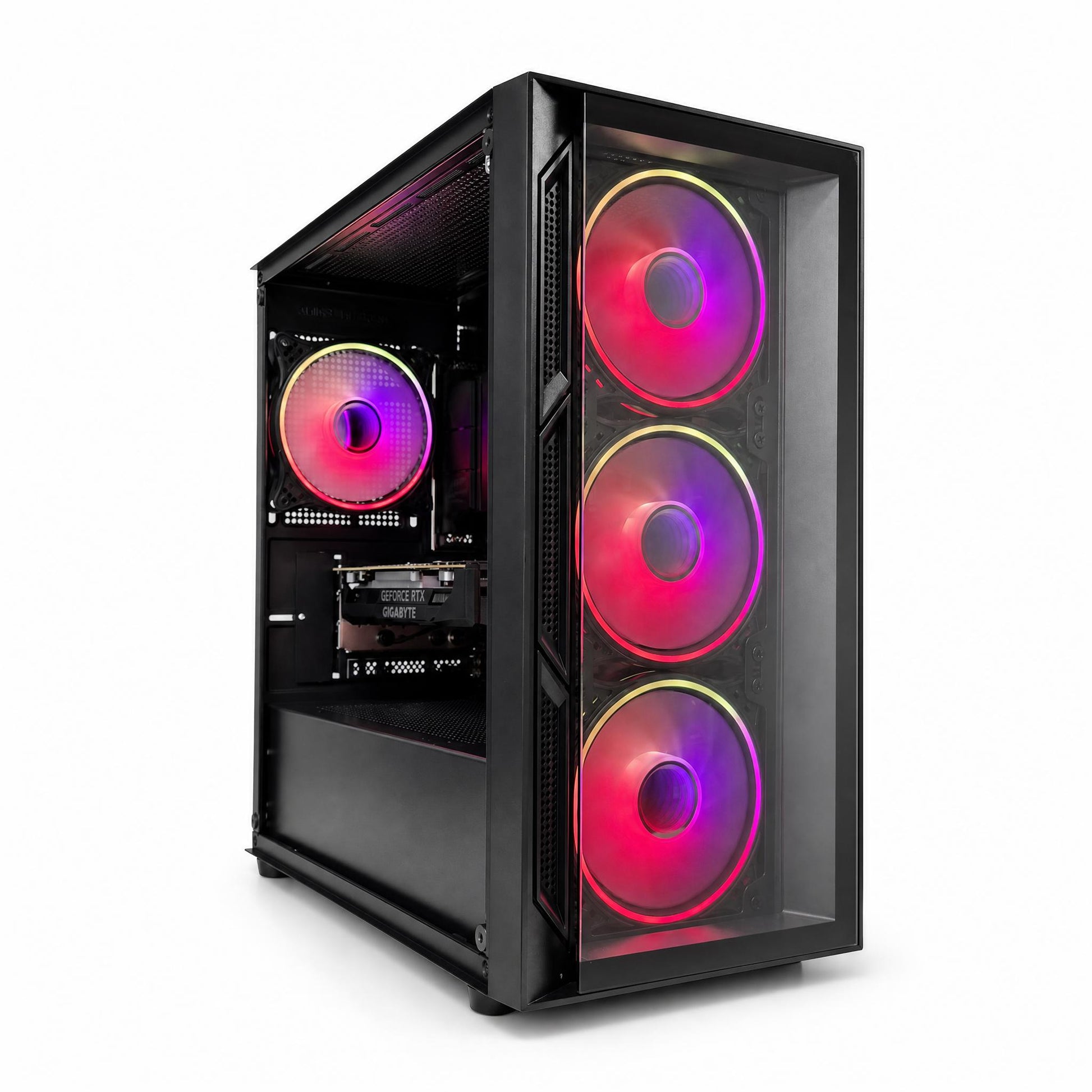 Computer case with RGB lighting on a white background