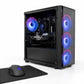 Gaming computer setup with RGB-lit case, mouse, and mouse pad on a white background