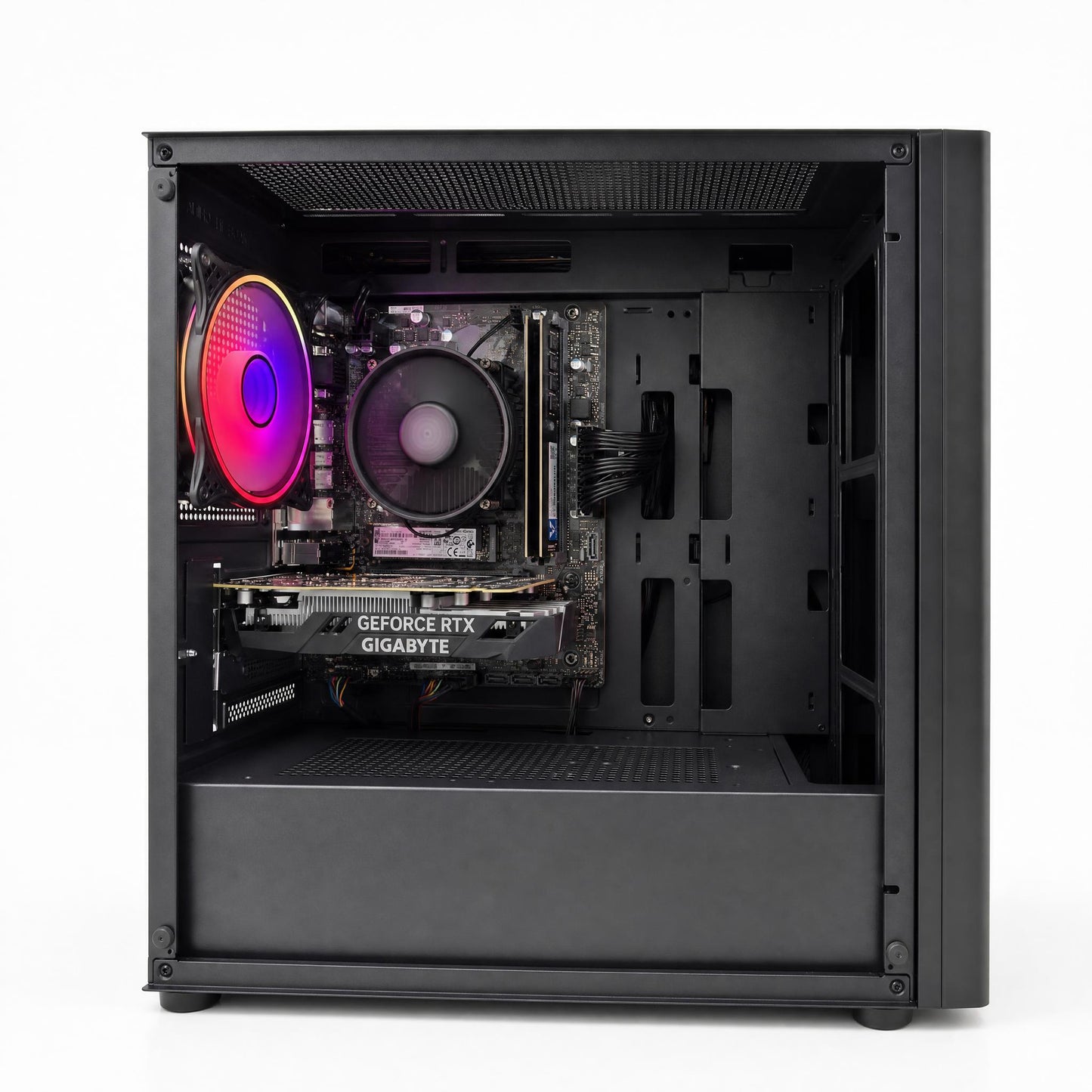 Open computer case revealing internal components with a focus on the GPU, on a white background.