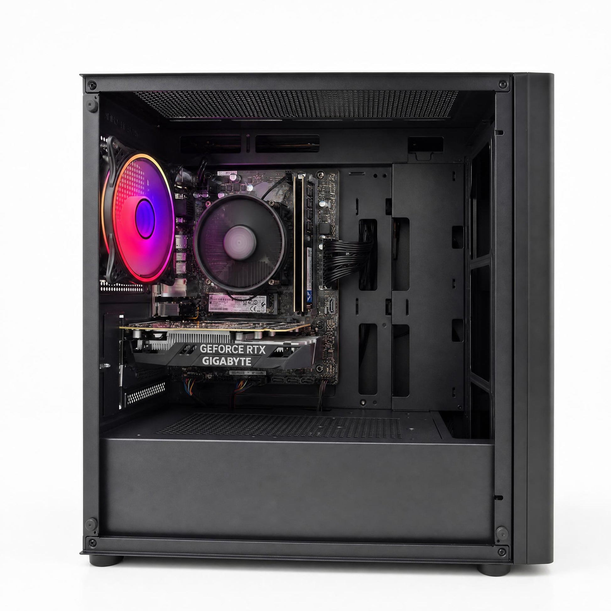 Open computer case revealing internal components with a focus on the GPU, on a white background.