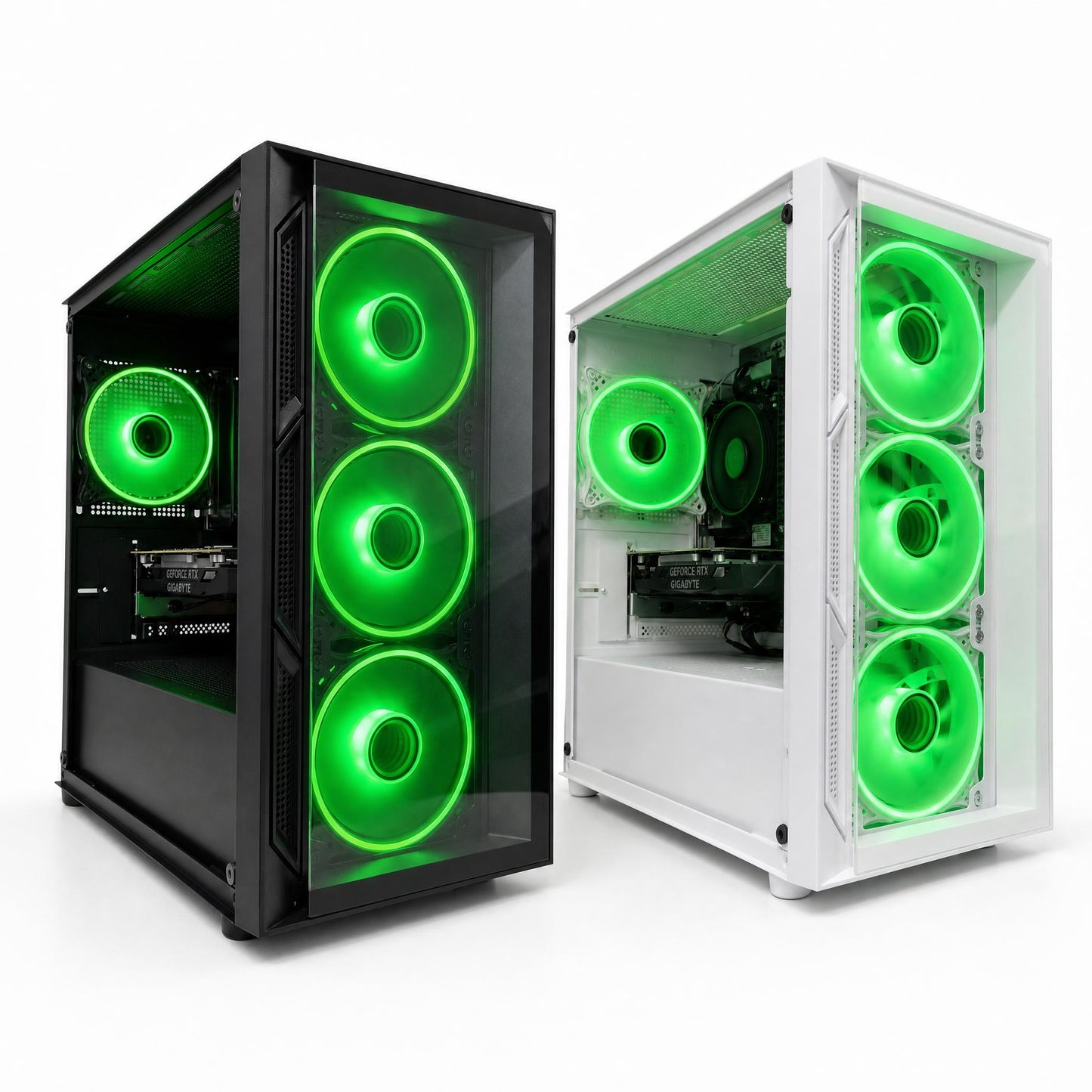 Two computer cases with green LED lights on a white background