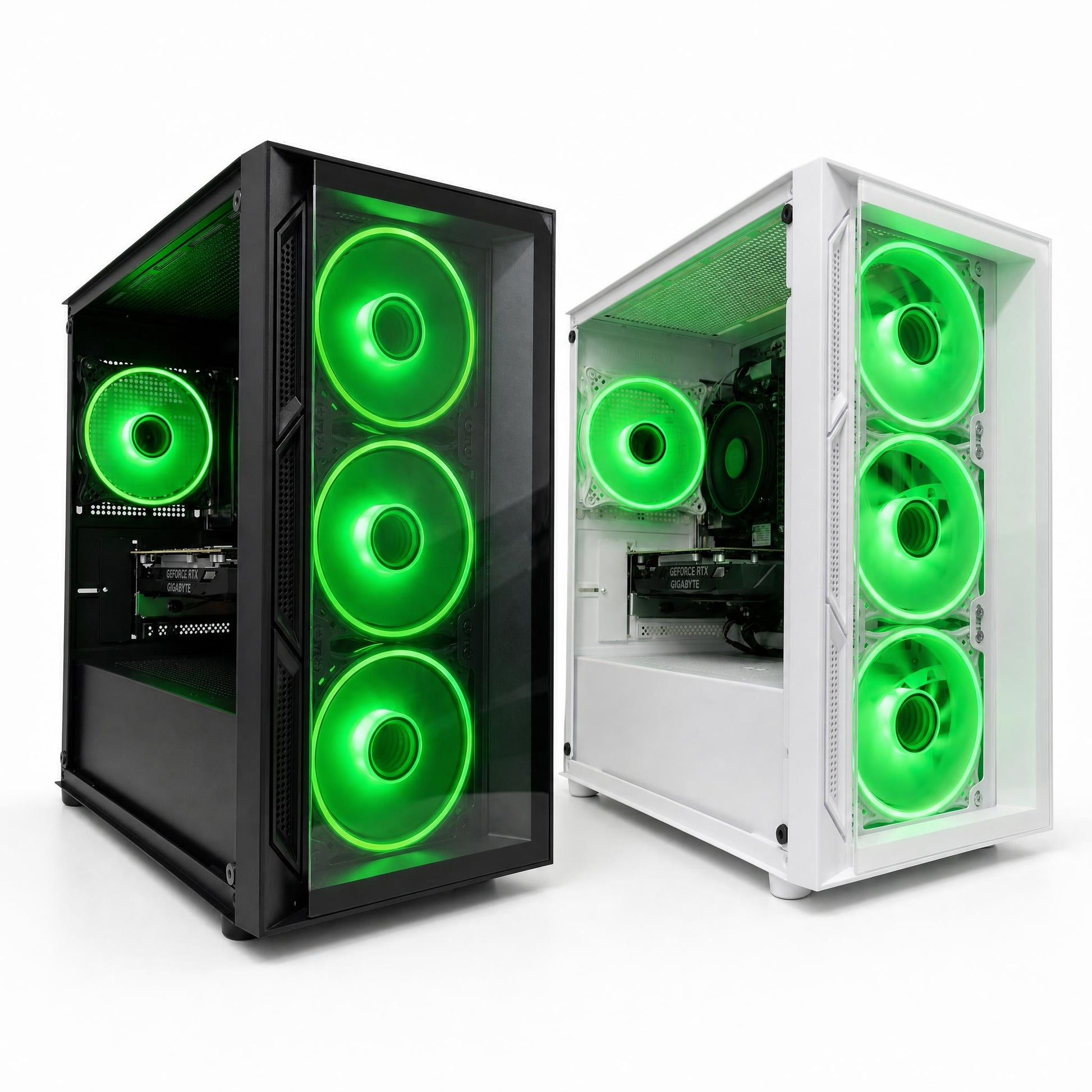Two computer cases with green LED lights on a white background