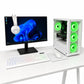 Computer setup with monitor, keyboard, mouse, and open case with green fans on a white desk.