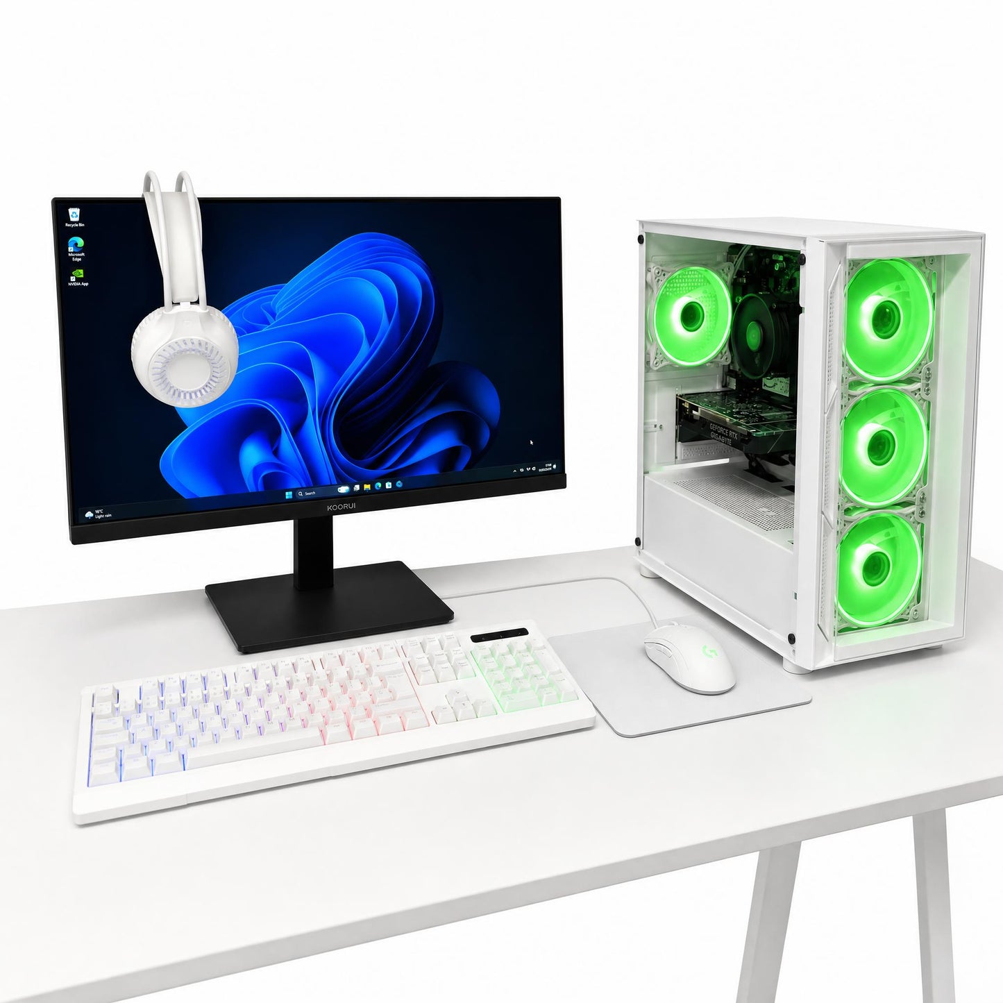 Computer setup with monitor, keyboard, mouse, and open case with green fans on a white desk.
