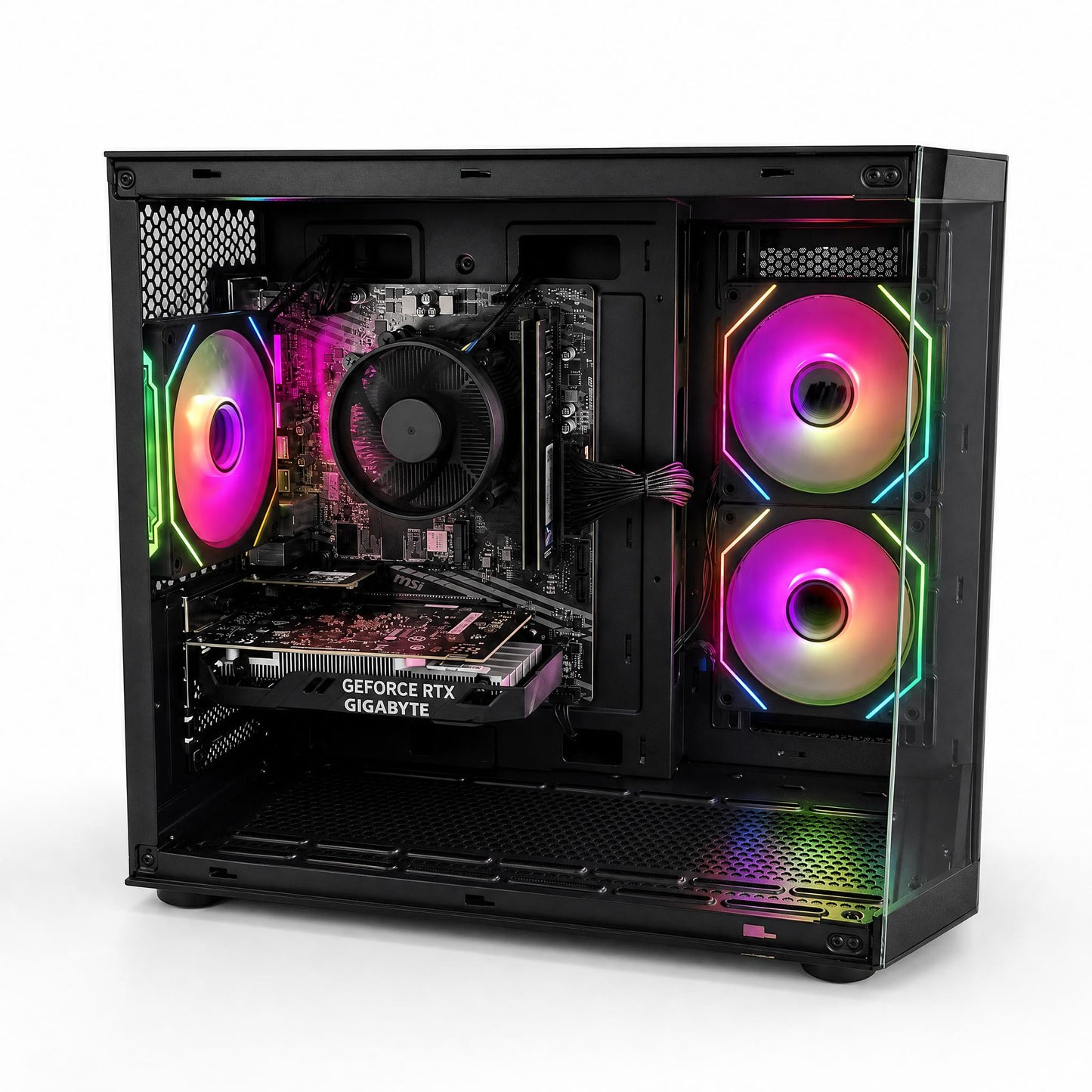 Open computer case with RGB lighting on a white background