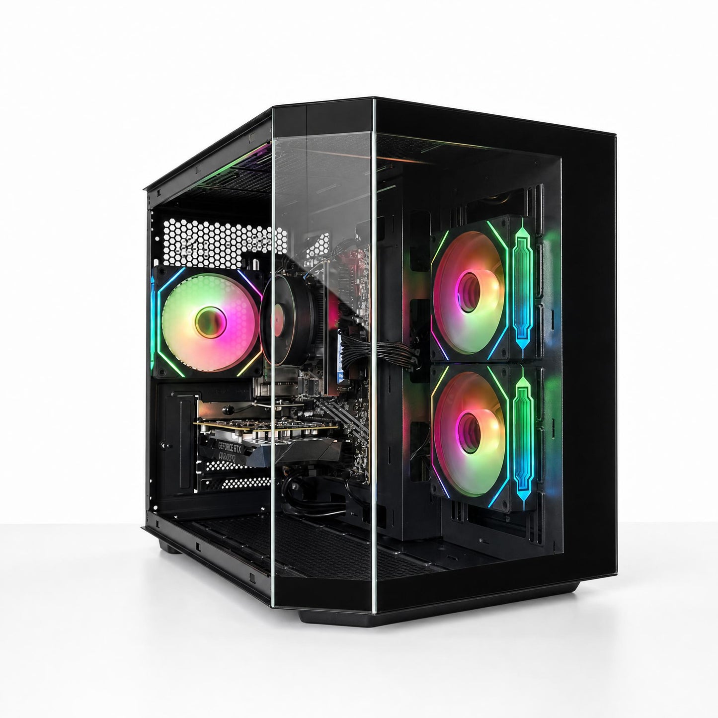 Computer case with RGB lighting on a white background