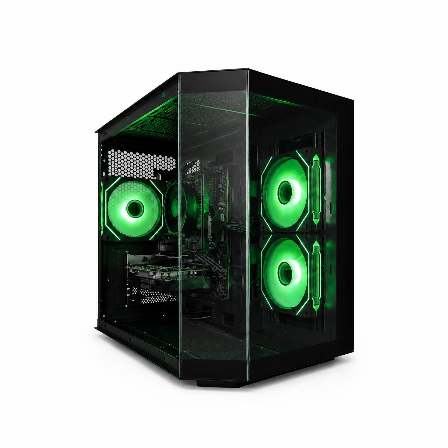 Computer case with green LED lights on a white background
