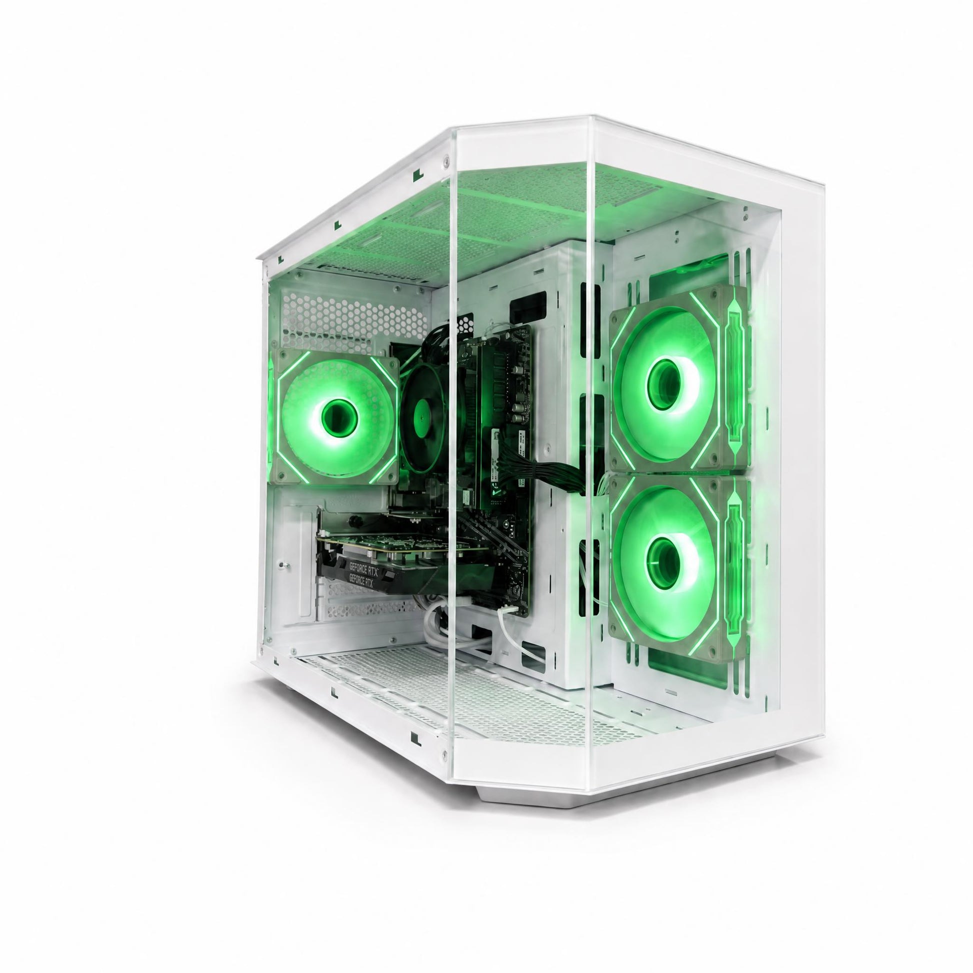 Computer case with green LED lights on a white background