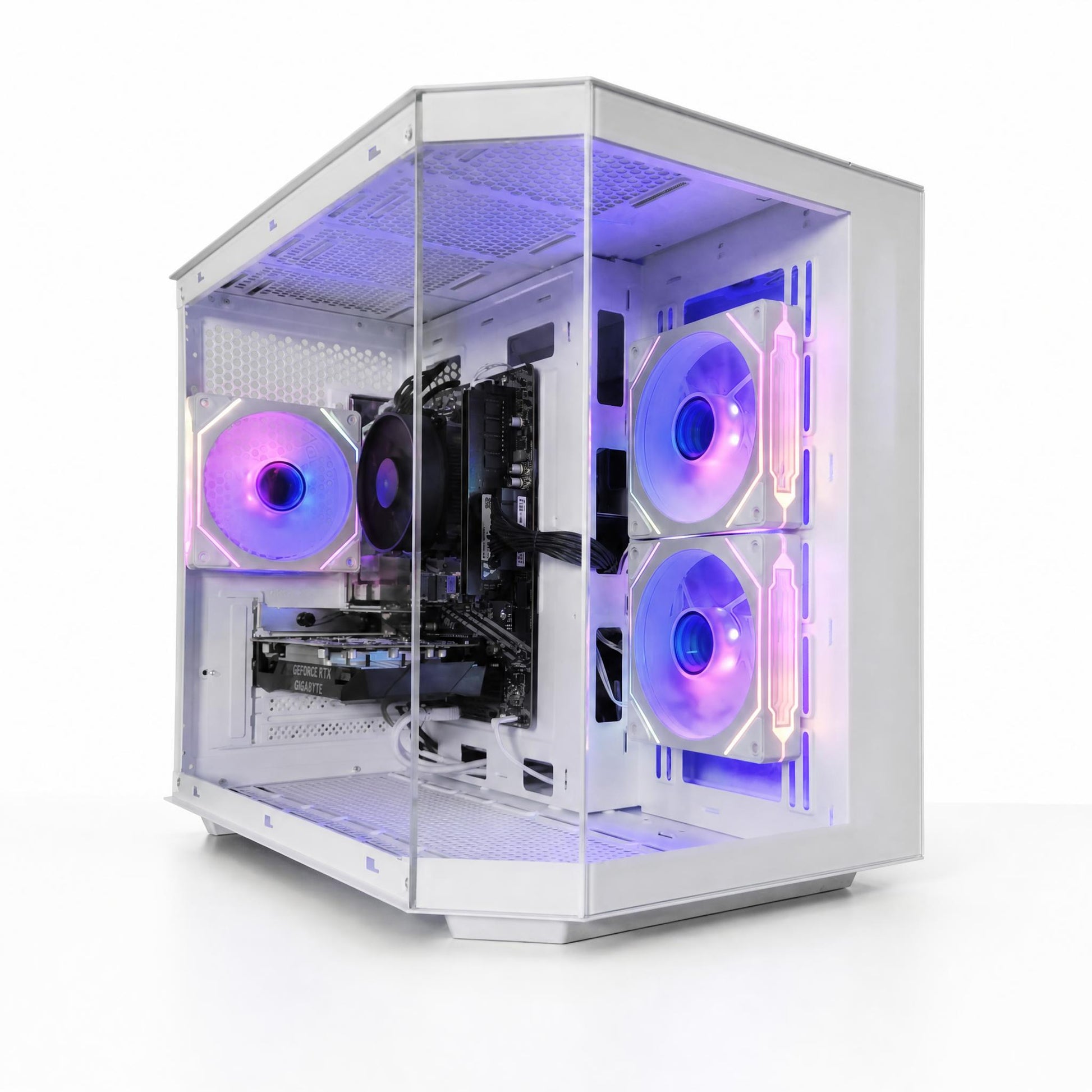 Computer case with RGB lighting on a white background