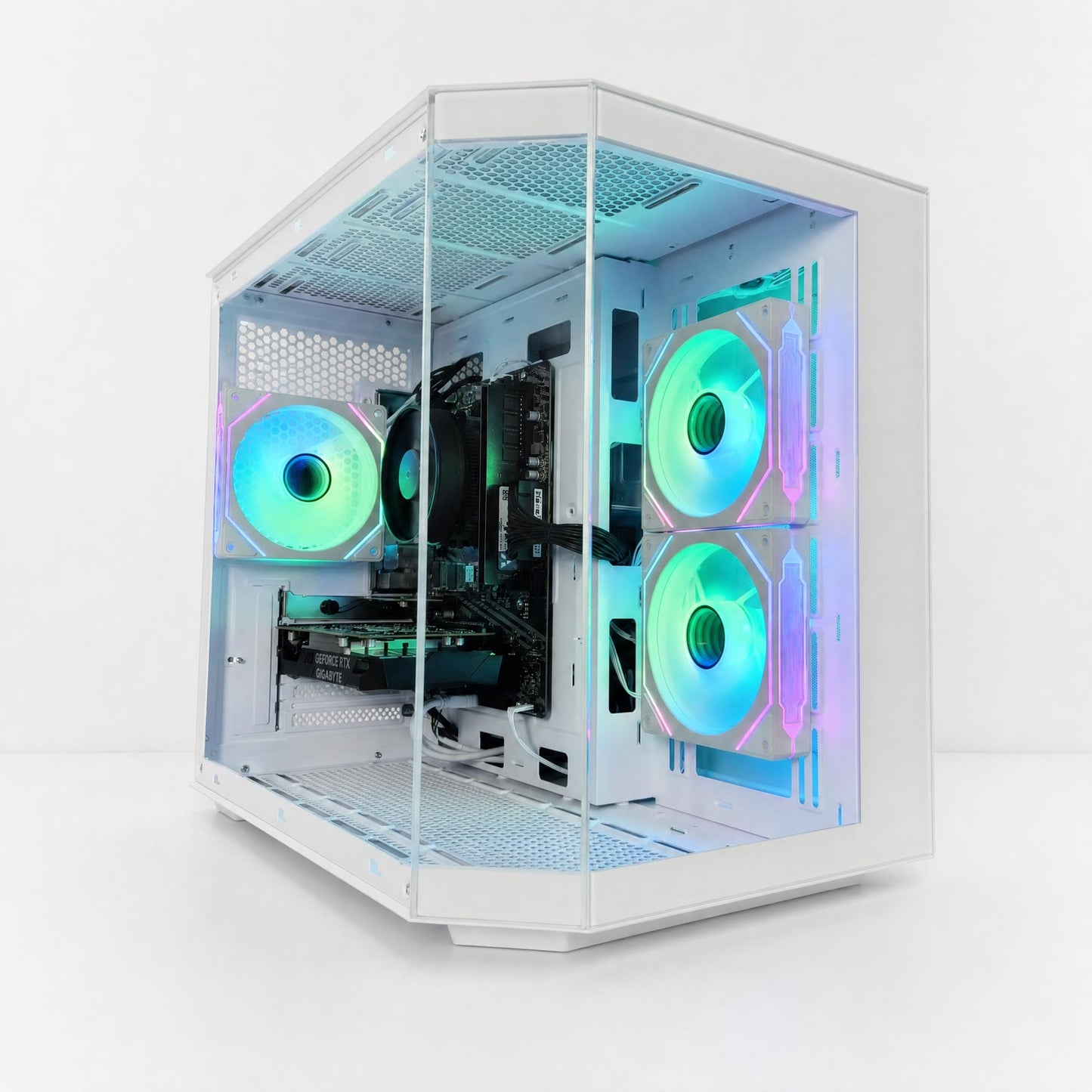 Computer case with RGB lighting on a white background