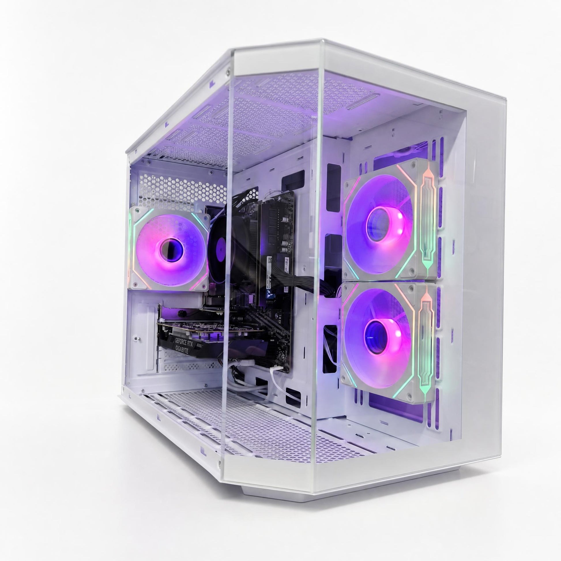 Computer case with RGB lighting on a white background