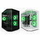 Two computer cases with green LED lights on a white background