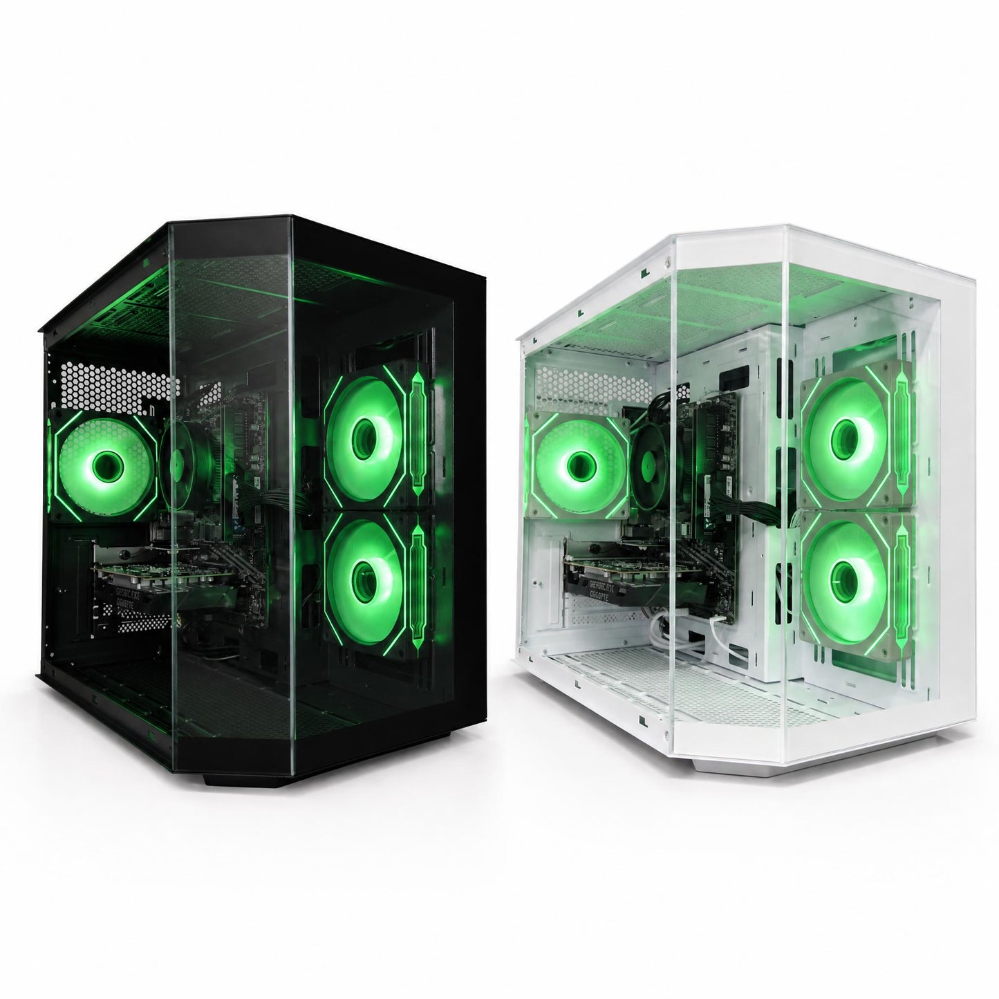 Two computer cases with green LED lights on a white background
