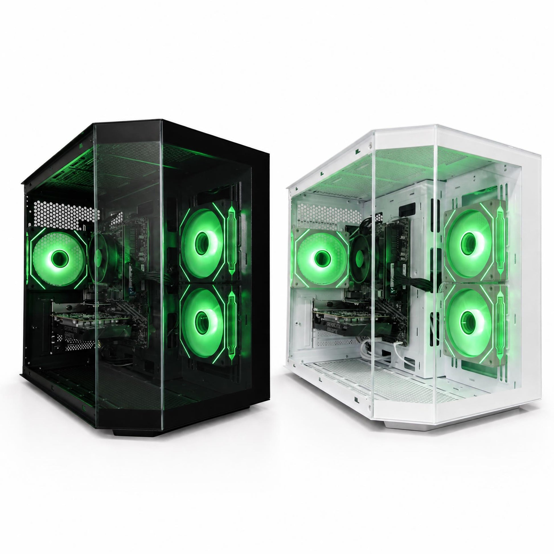 Two computer cases with green LED lights on a white background