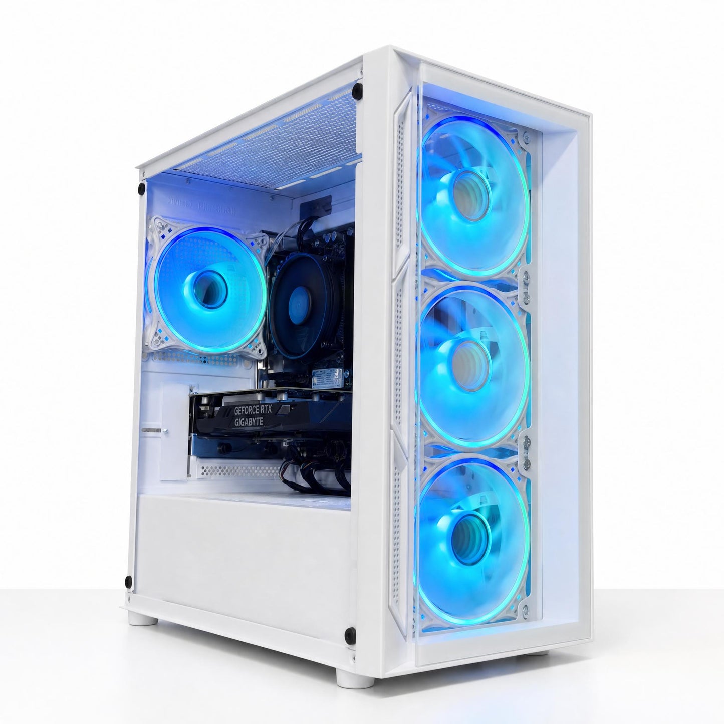 White computer case with blue LED lights on a white background