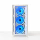 White computer case with three blue LED fans on a white background
