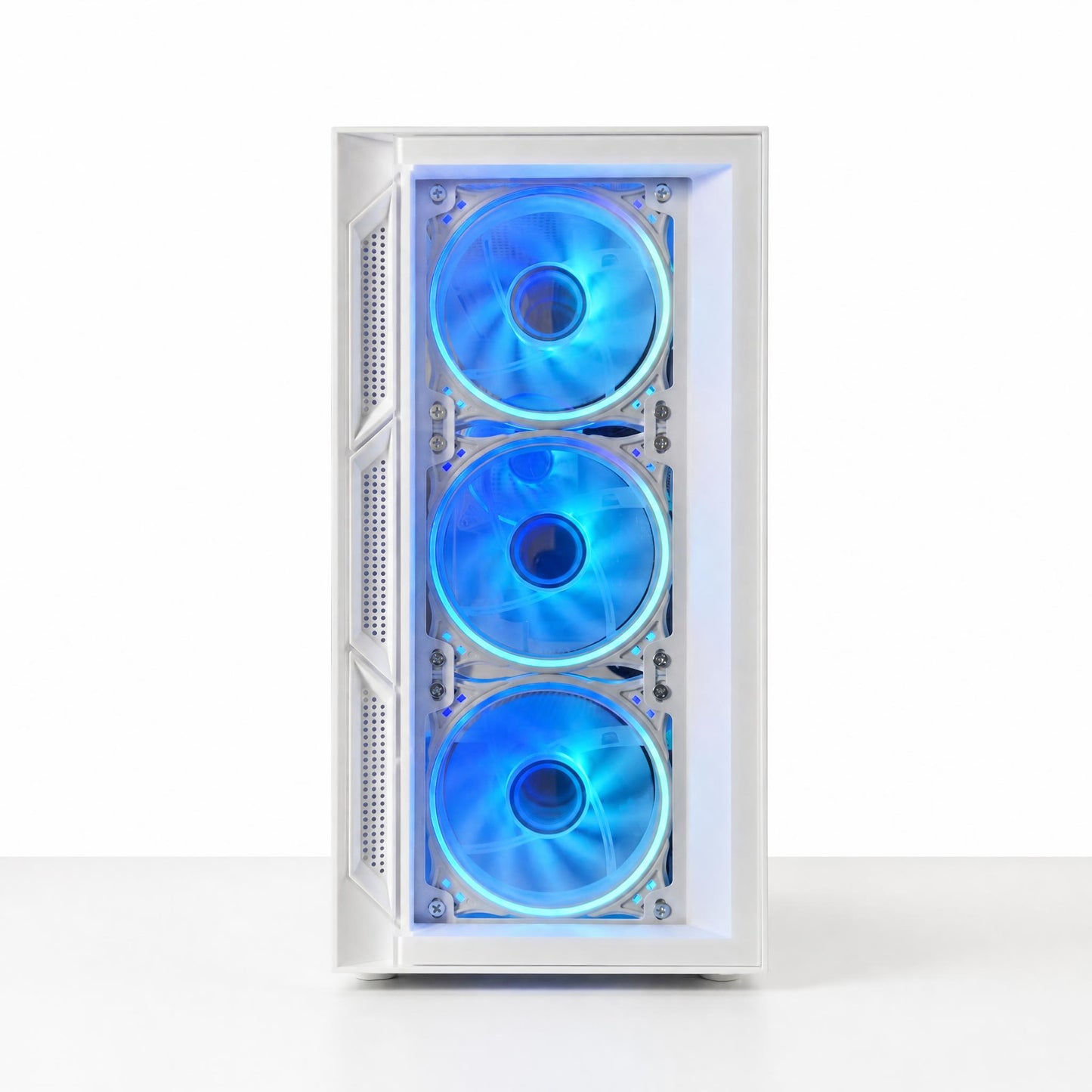 White computer case with three blue LED fans on a white background