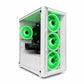 White computer case with green LED lights on a white background