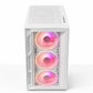 White computer case with three pink LED fans on a white background
