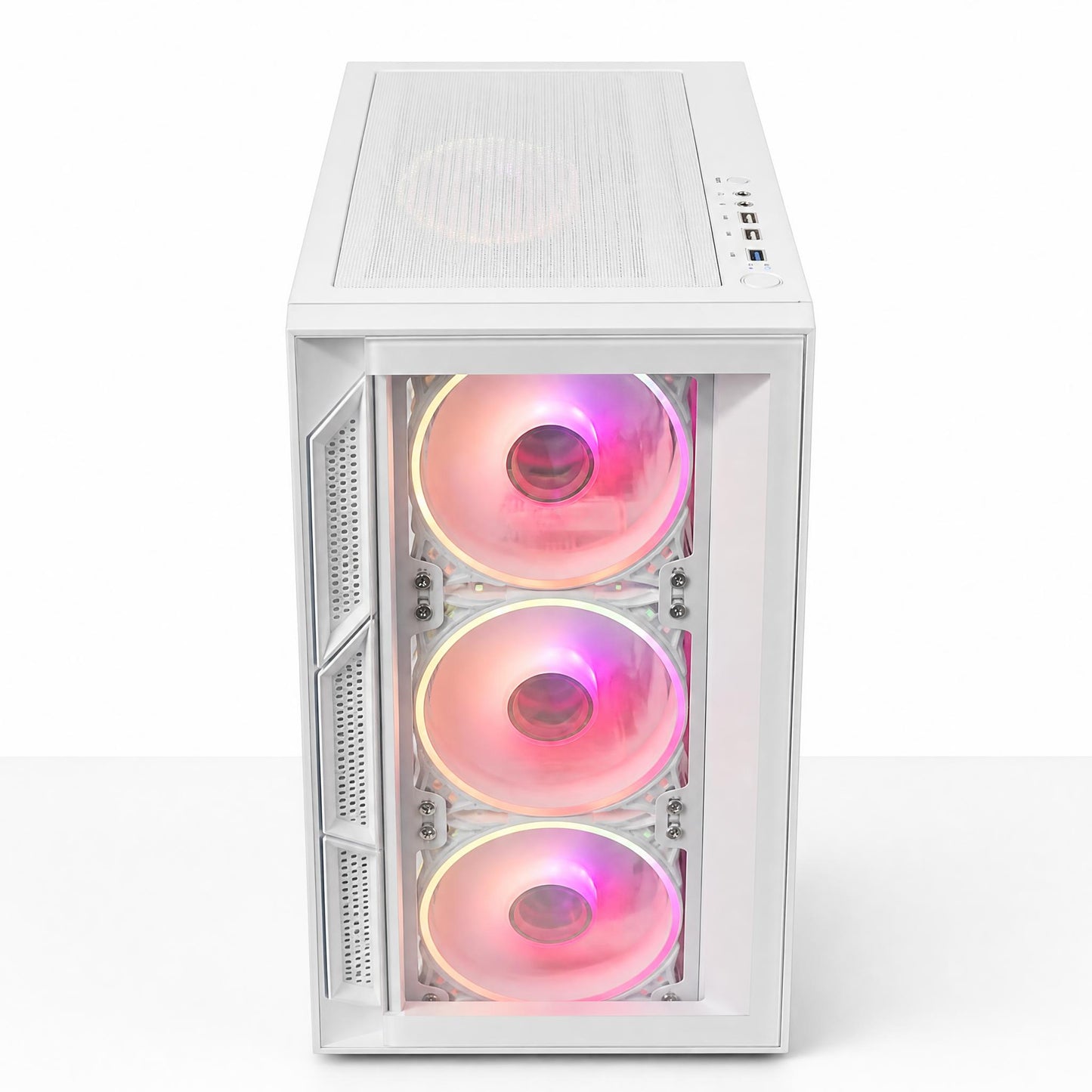 White computer case with three pink LED fans on a white background