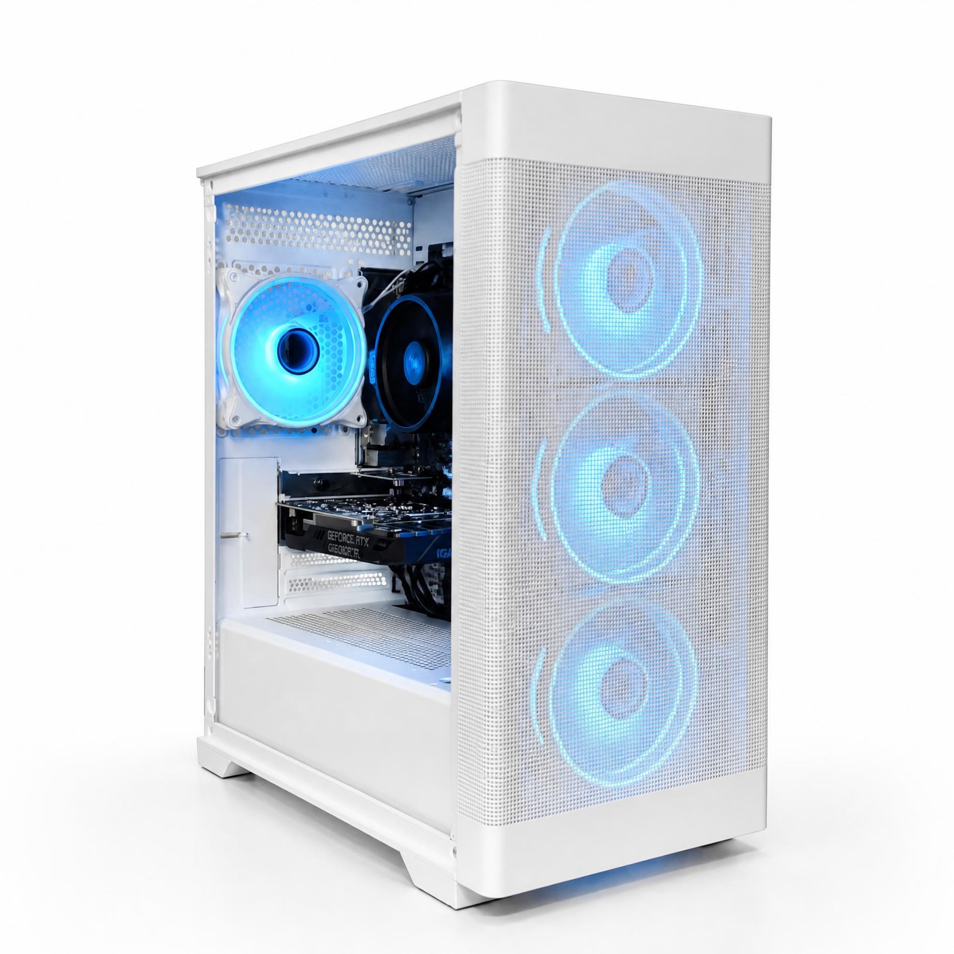 White computer case with blue LED lights on a white background