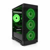 Computer case with green LED lights on a white background