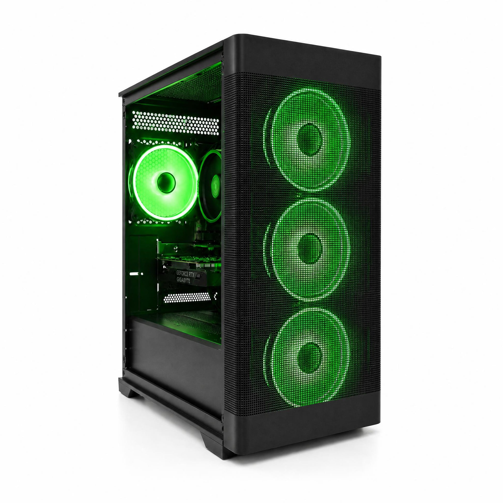 Computer case with green LED lights on a white background