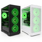 Two computer cases, one black and one white, with green LED lights on a white background.