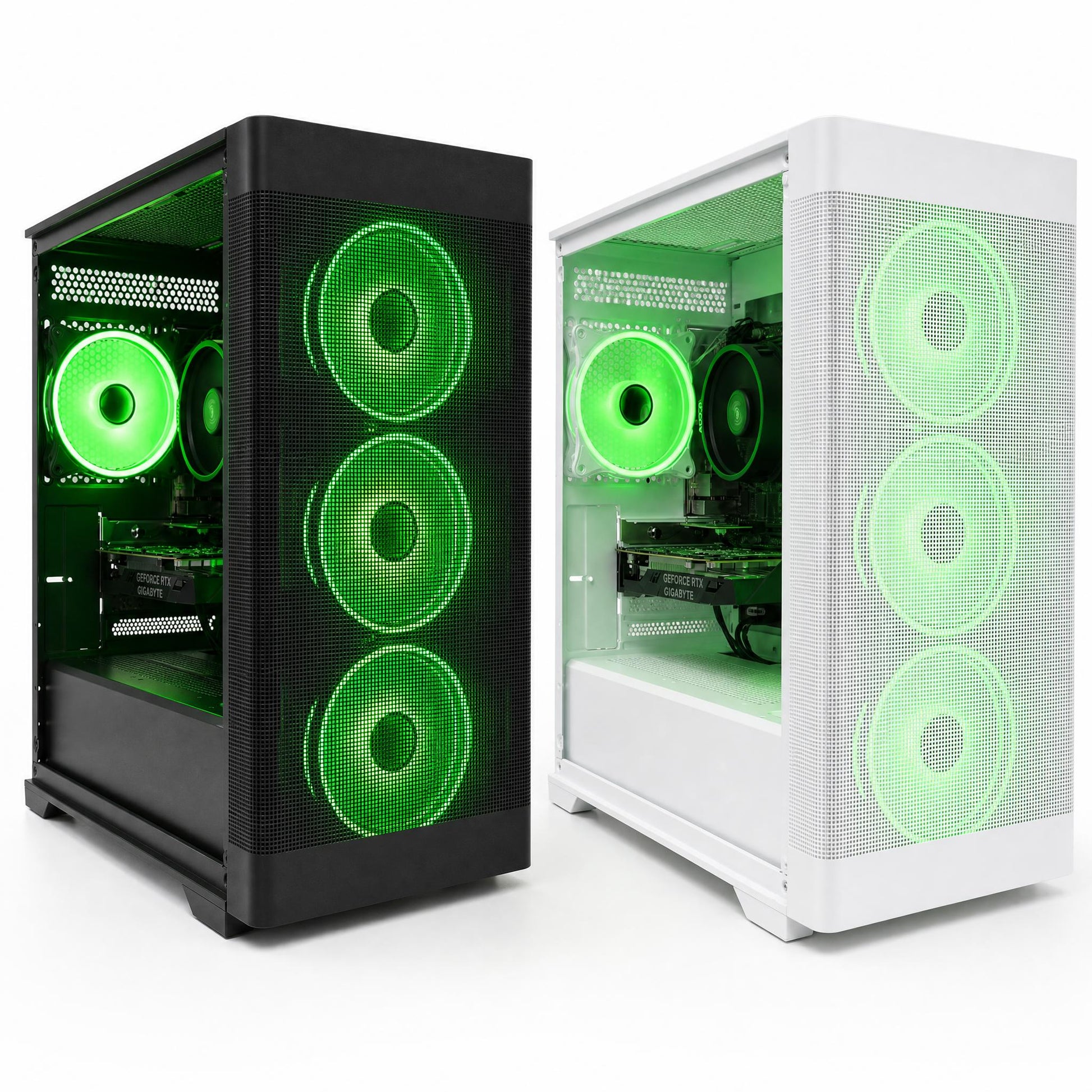 Two computer cases, one black and one white, with green LED lights on a white background.
