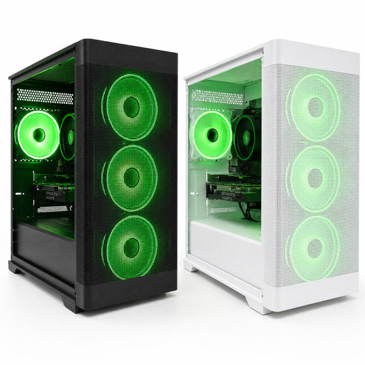 Two computer cases, one black and one white, with green LED lights on a white background.