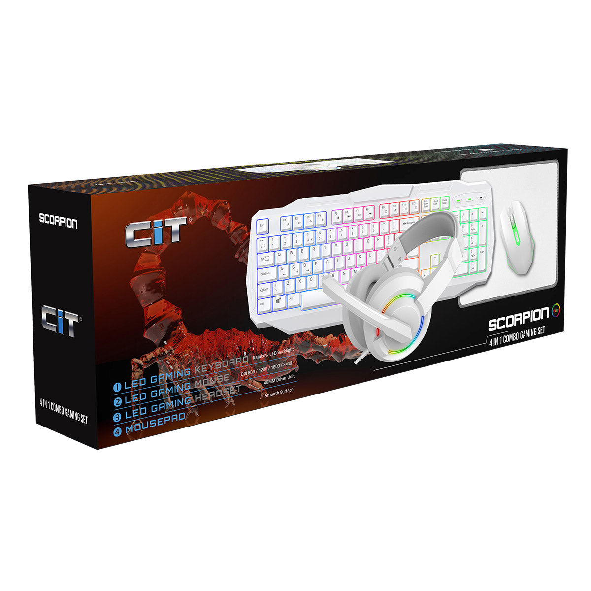 White Keyboard Combo Kit Scorpion 4-in-1 Mouse Headset Mouse Pad